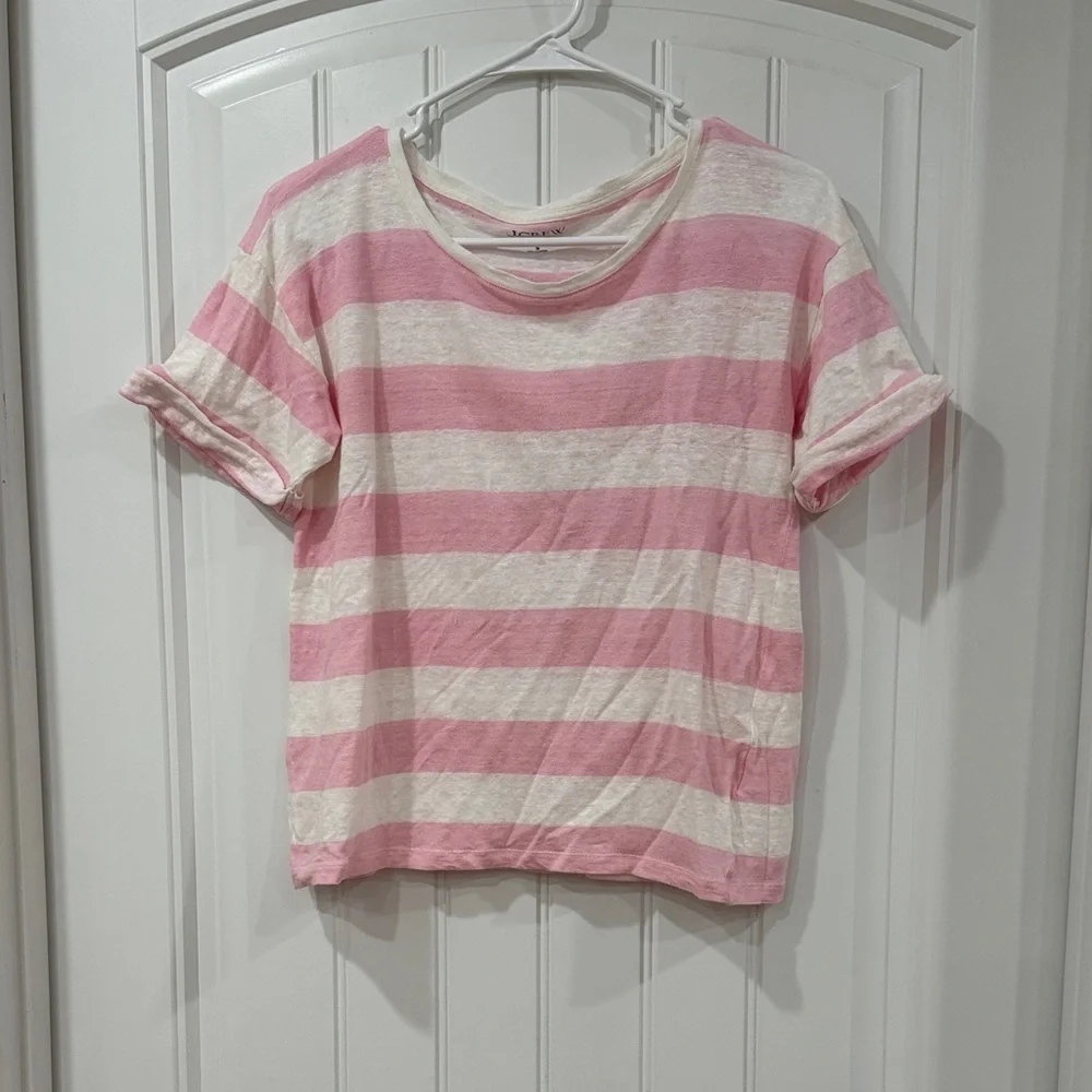 J. Crew Pink and White Striped Linen Tee